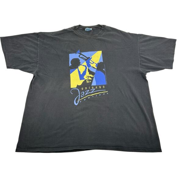 VTG 90s Mens Black Hanes Heavyweight Chicago Jazz Fest Single Stitch T Shirt 2XL - Picture 1 of 8